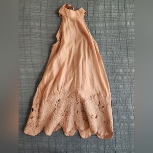 Raw Silk Peach Halter Dress With Embroidered Hem